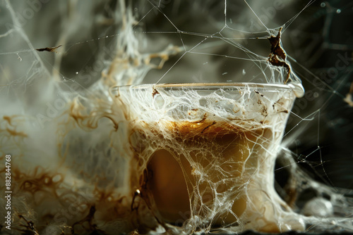 Coffeefilled goblet in spider web embrace evokes warmth and entrapment photo
