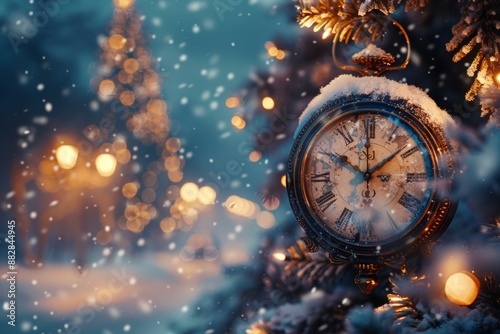 new year and chrismas time. snowy countdown clock - happ new year, winter concept panorama, Generative AI