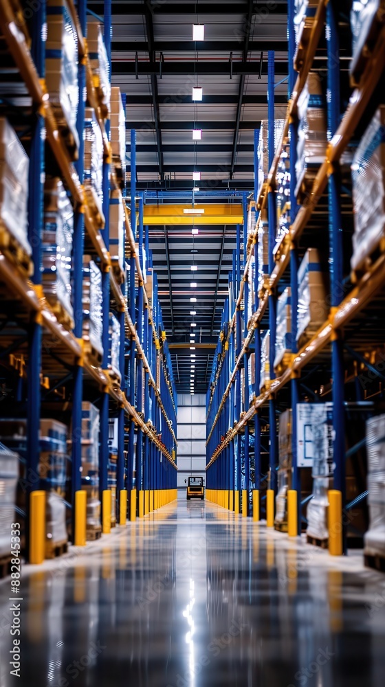 A long aisle in a warehouse, showing rows of stacked boxes on shelves.