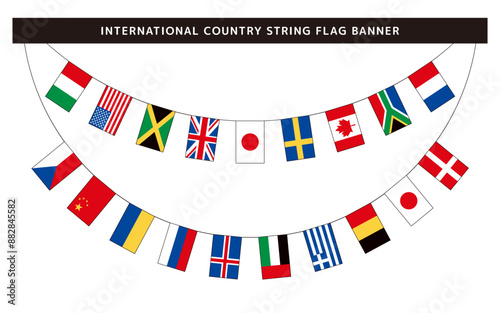 世界のさまざまな国の国旗バナー、線ありの国際ペナントのイラスト素材。