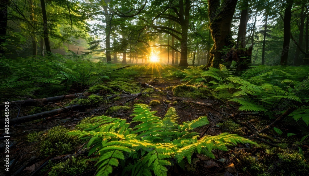 Fototapeta premium Environmental Photography capturing the solemn beauty of a forest at dawn, its misty silence a reminder of natures untouched sanctity