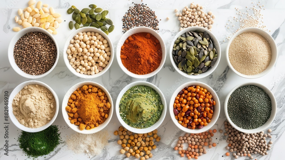 Array of plant based protein sources on a marble counter, diverse and colorful, plant based protein, healthy lifestyle Array of plant based protein sources on a marble counter, diverse and colorful, plant based protein, healthy lifestyle