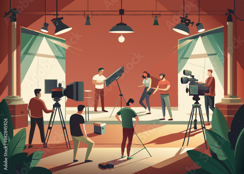 commercial video film movie making lighting set professional studio production big working people silhouette scenes behind television camera motion picture equipment crew photo light