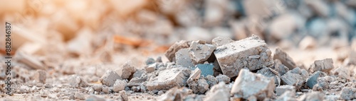 A close-up view of construction rubble with blurred background, showcasing broken concrete pieces and sunlit debris. photo