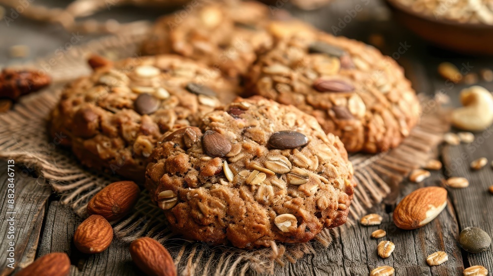 Delicious plant based protein cookies on a rustic wooden table, garnished with nuts and seeds, Plant Based Protein Snacks, Wholesome snacks Delicious plant based protein cookies on a rustic wooden table, garnished with nuts and seeds, Plant Based Protein Snacks, Wholesome snacks
