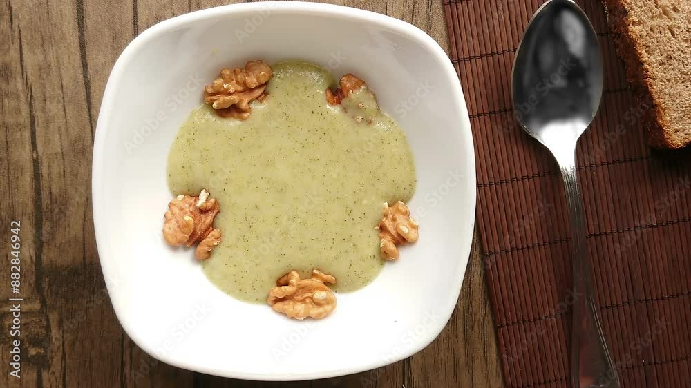 Top view Broccoli soup is poured onto pieces of walnut spilling over the plate. High quality 4k footage Top view Broccoli soup is poured onto pieces of walnut spilling over the plate. High quality 4k footage
