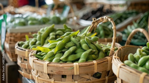 Fresh edamame in farmer s market setting, plant based protein, farm to table concept