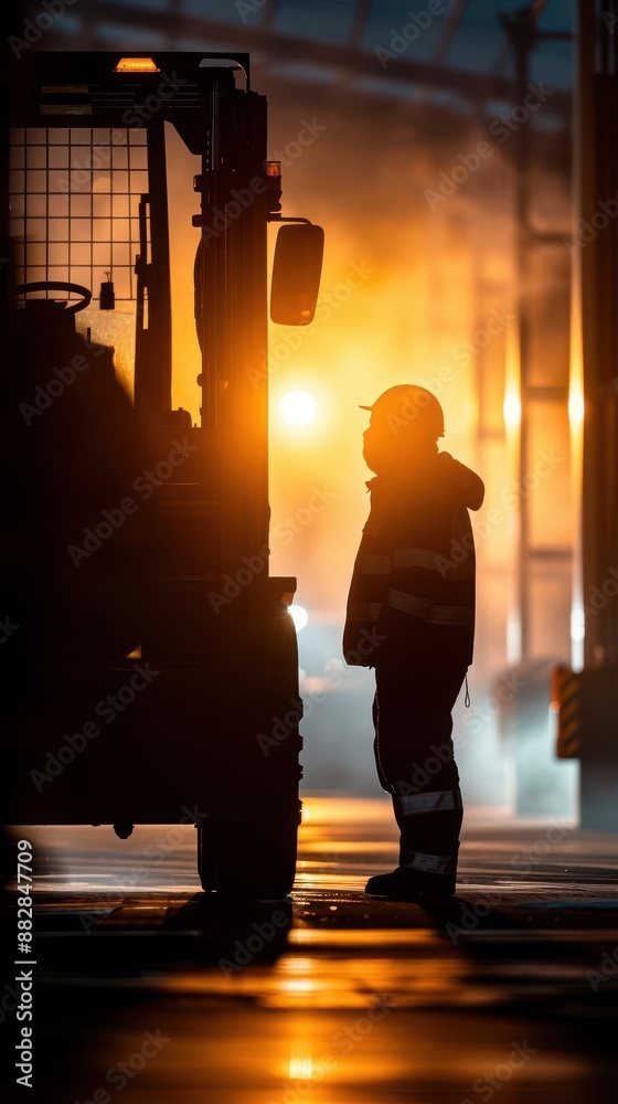 Silhouette of a worker standing near a forklift at an industrial site. Silhouette of a worker standing near a forklift at an industrial site.