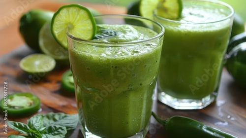 Spicy green smoothie with jalapeno, lime, and plant based protein, unique, invigorating