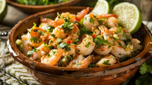 A dish of spicy shrimp ceviche, garnished with fresh cilantro and lime wedges.