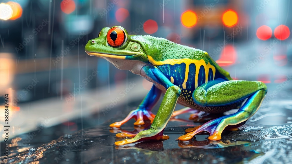 Naklejka premium Colourful frog jumping on the side walk of a busy street, lots of legs walking past, night, macro photography shallow depth of field