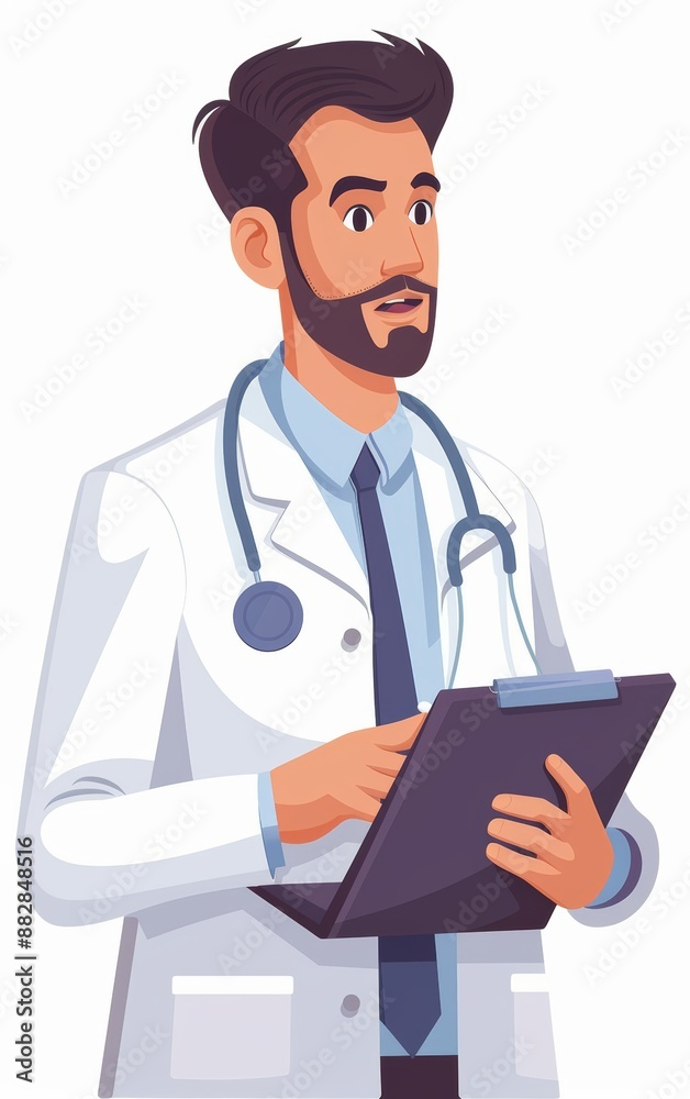 A doctor in a white coat with a stethoscope and a clipboard. He is looking to the right, thoughtfully. A doctor in a white coat with a stethoscope and a clipboard. He is looking to the right, thoughtfully.