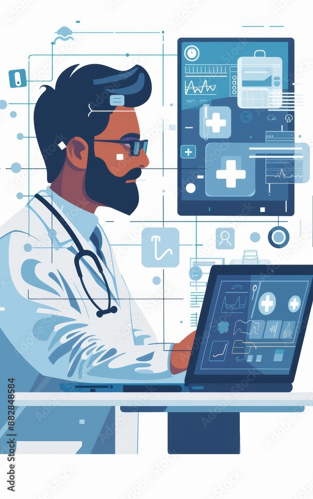 A doctor using a laptop with medical data and icons on the screen.  He is wearing a white coat and stethoscope.  The image represents healthcare technology.