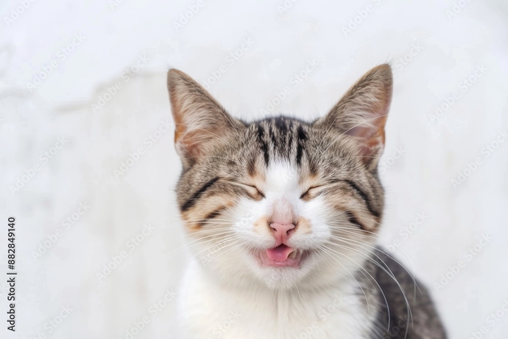 A tabby cat with a mischievous grin, eyes closed, and tongue slightly out, basks in the afternoon sun. A tabby cat with a mischievous grin, eyes closed, and tongue slightly out, basks in the afternoon sun.