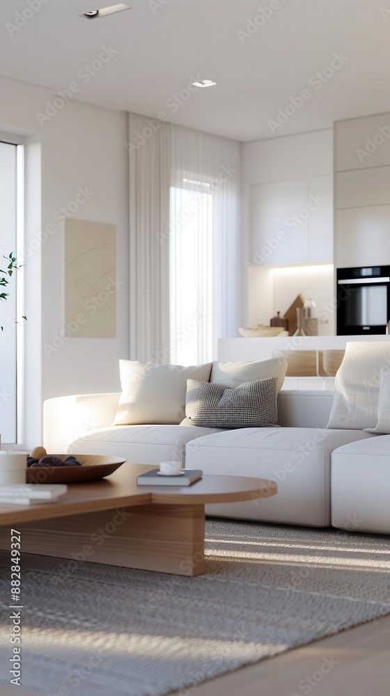 Minimalist living room with white sofa, wooden coffee table and rug. Minimalist living room with white sofa, wooden coffee table and rug.