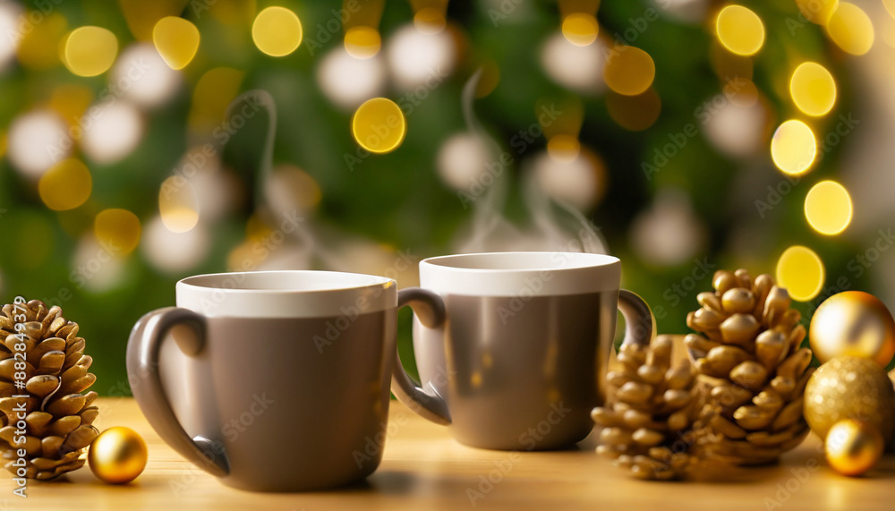 Fototapeta premium Cozy Christmas Celebration: Gold Decor and Pair Cups on Festive Table