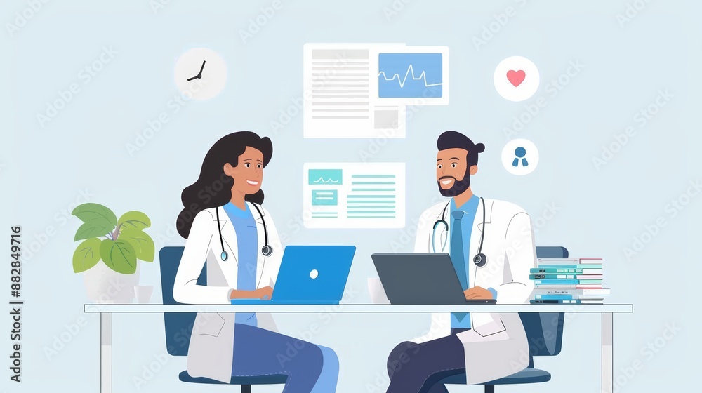 A male physician wearing a white coat converses with a female physician who is seated in a chair at a desk using a laptop. A male physician wearing a white coat converses with a female physician who is seated in a chair at a desk using a laptop.