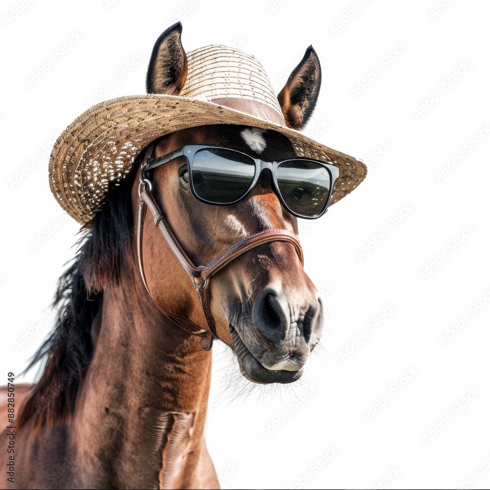 Fototapeta premium Horse in a summer hat and sunglasses, white backdrop, equine summer fashion