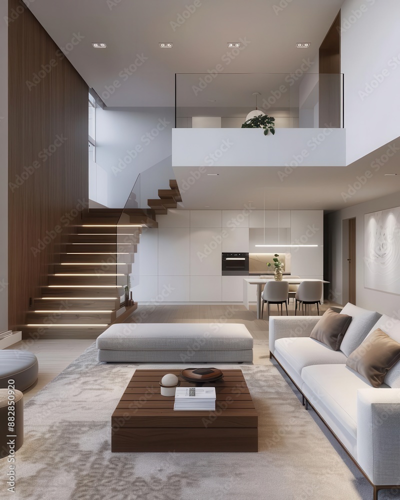 Modern minimalist living room with open floor plan, stairs, and large windows. Modern minimalist living room with open floor plan, stairs, and large windows.