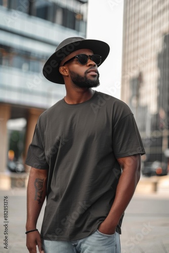 Plus size stylish haitan dominican man wearing a Black comfort colors Tee tshirt for product mockup, 