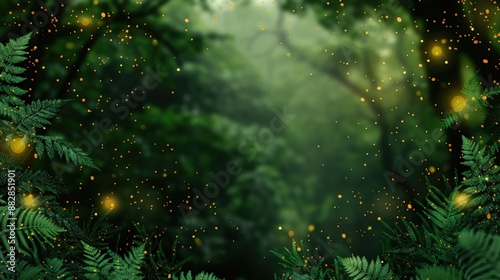 Green Fern Leaves Frame Surrounded by a Defocused Forest Background with Golden Fireflies