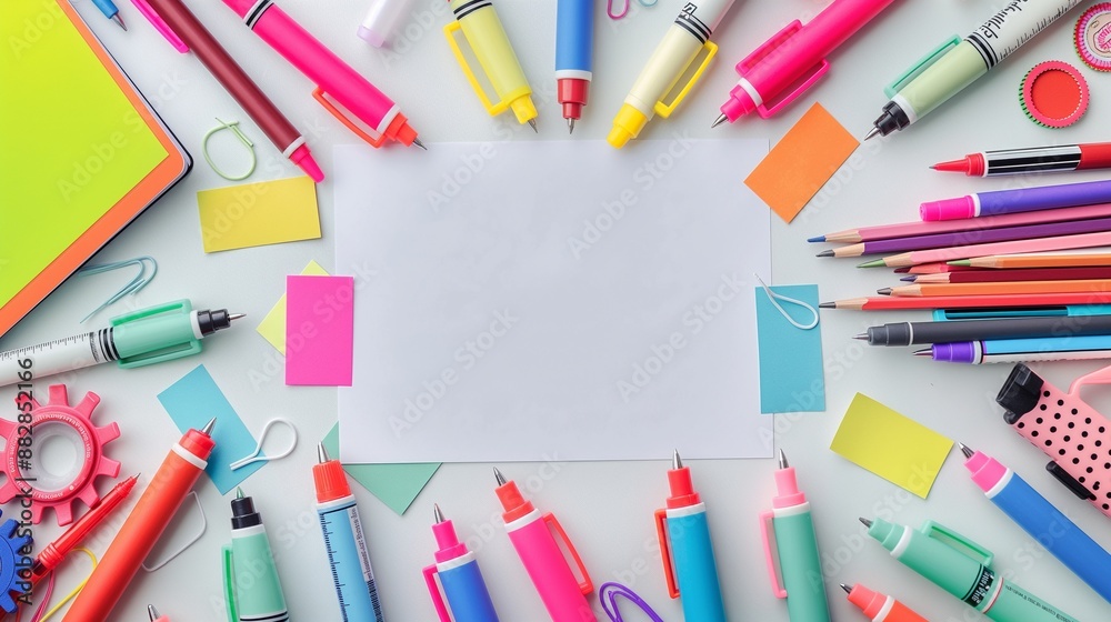 A bright and cheerful background with various school supplies like markers, pens, and sticky notes arranged around a central text area for back to school sales. A bright and cheerful background with various school supplies like markers, pens, and sticky notes arranged around a central text area for back to school sales.