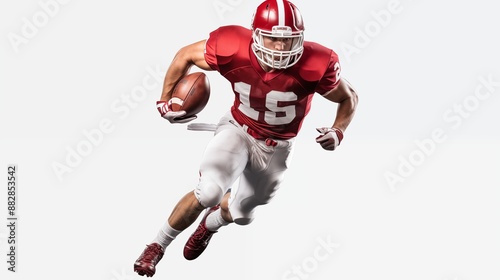 An American football player runs with a ball in a red and white uniform. Isolated on a transparent background