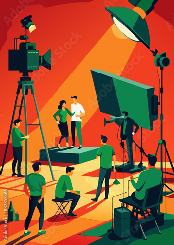 commercial video film movie making lighting set professional studio production big working people silhouette scenes behind television camera motion picture equipment crew photo light