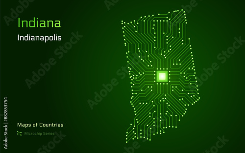 Indiana Map with a capital of Indianapolis Shown in a Microchip Pattern. Silicon valley, E-government. United States vector maps. Microchip Series	