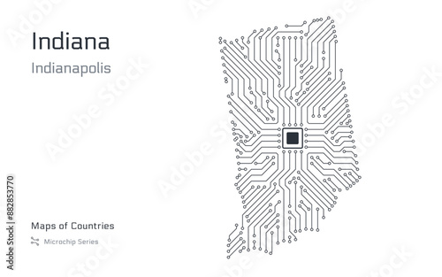 Indiana White Map with a capital of Indianapolis Shown in a Microchip Pattern. Silicon valley, E-government. United States vector maps. Microchip Series	