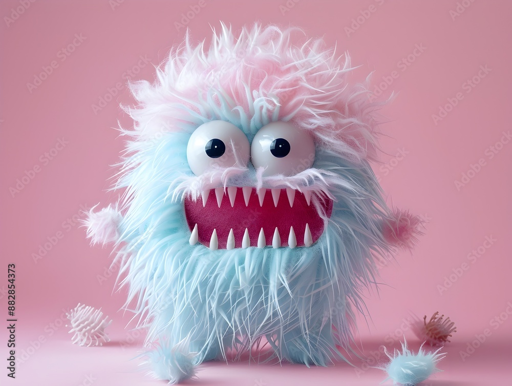Obraz premium Adorable Furry Monster Brush on Pastel Backdrop in Studio Lighting