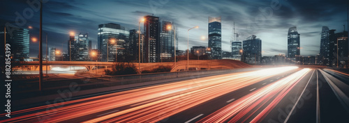 Modern Cityscape at Night with Light Trails from Fast-Moving Cars and Illuminated Skyscrapers photo