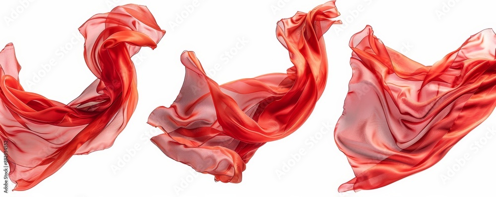 Collection of flying red silk fabric. Waving satin cloth. Generative AI Collection of flying red silk fabric. Waving satin cloth. Generative AI