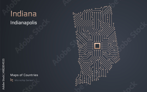 Indiana Map with a capital of Indianapolis Shown in a Microchip Pattern. Silicon valley, E-government. United States vector maps. Microchip Series	