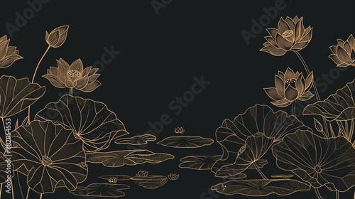 A lotus pond is depicted by golden lines against a black background photo