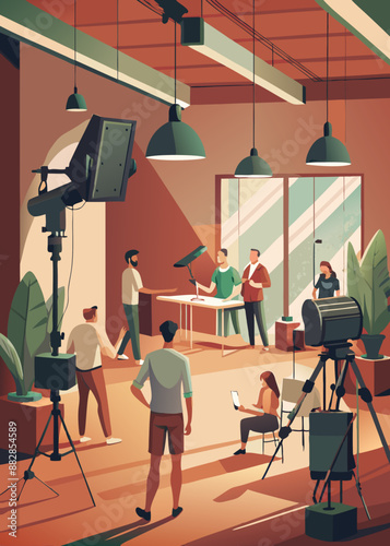 commercial video film movie making lighting set professional studio production big working people silhouette scenes behind television camera motion picture equipment crew photo light