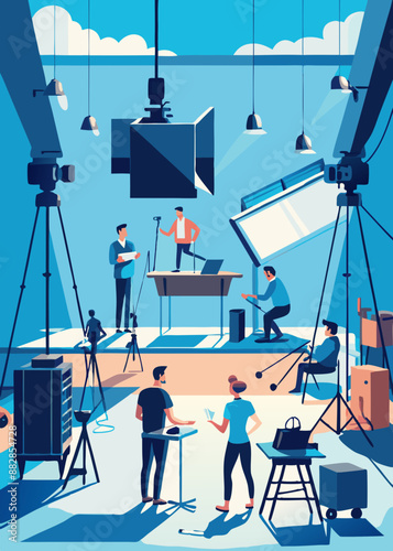 commercial video film movie making lighting set professional studio production big working people silhouette scenes behind television camera motion picture equipment crew photo light