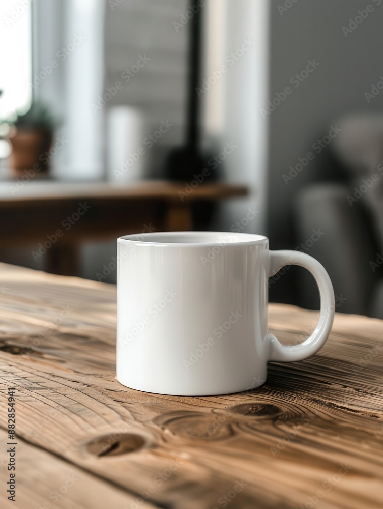 White ceramic mug on wooden table, perfect for mockup or design. White ceramic mug on wooden table, perfect for mockup or design.