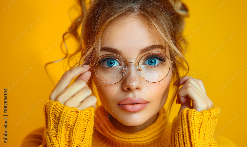 Playful Young Woman on April Fool's Day Making Eyeglasses Gesture with Fingers, Emotional Expression, Close-Up Portrait on Bright Yellow Background Playful Young Woman on April Fool's Day Making Eyeglasses Gesture with Fingers, Emotional Expression, Close-Up Portrait on Bright Yellow Background