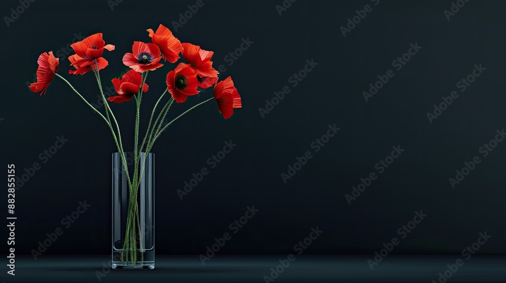 Obraz premium A bouquet of red poppies sits in a white vase against a dark, black background.