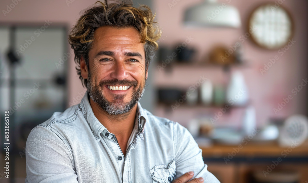 Confident Smiling Entrepreneur Standing with Arms Crossed in Stylish Modern Office Setting, Daylight, Cheerful and Positive Mood, Ideal for Business and Lifestyle Concepts