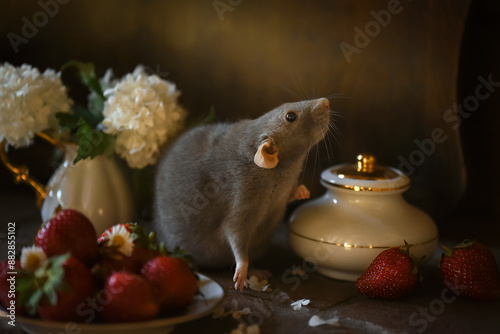 Little cute rat with strawberry and white flowers