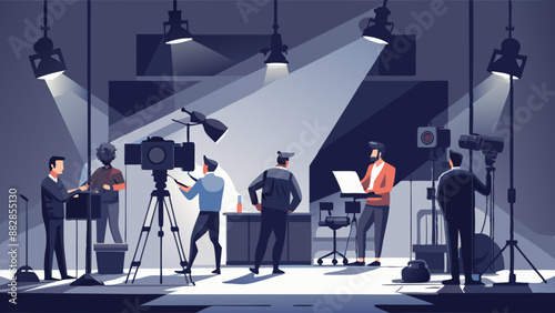 commercial video film movie making lighting set professional studio production big working people silhouette scenes behind television camera motion picture equipment crew photo light