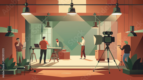 commercial video film movie making lighting set professional studio production big working people silhouette scenes behind television camera motion picture equipment crew photo light