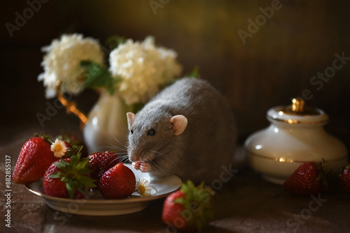 Little cute rat with strawberry and white flowers