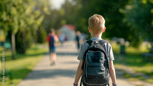 A young boy with a backpack walking along a tree-lined path, heading towards school on a sunny day.