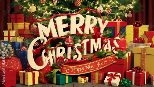 Merry Christmas banner with presents &  Happy New Year, Merry Christmas text background