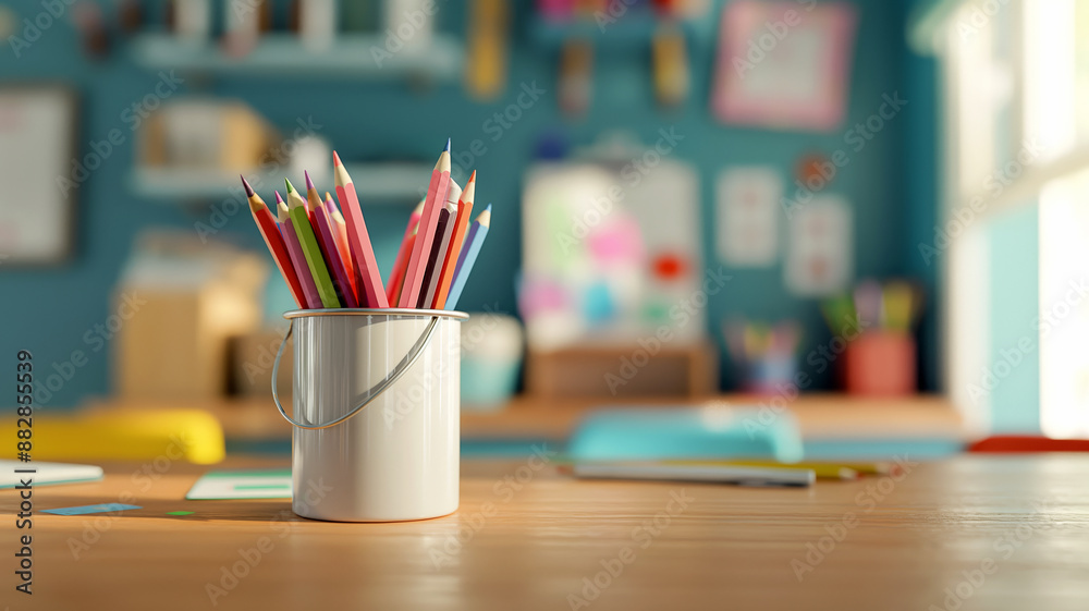 A bright and colorful classroom with pencils neatly arranged in a container, ready for creative activities and learning. A bright and colorful classroom with pencils neatly arranged in a container, ready for creative activities and learning.