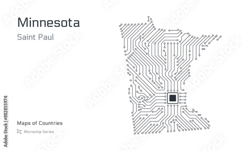 Minnesota White Map with a capital of Saint Paul Shown in a Microchip Pattern. Silicon valley, E-government. United States vector maps. Microchip Series