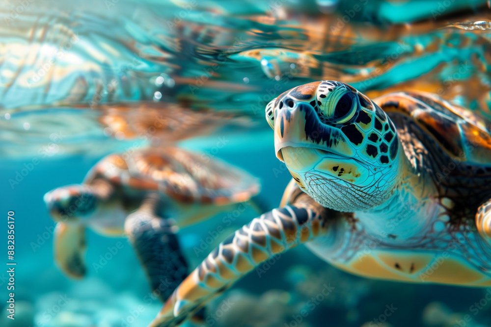 Obraz premium Green sea turtles swimming over coral reefs in crystal clear ocean.